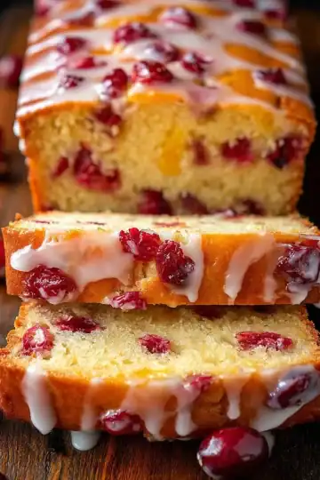 Delicious cranberry bread with a vibrant orange glaze on a rustic table.