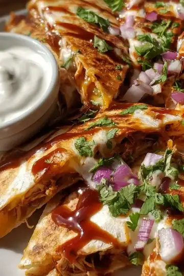 Hot Honey BBQ Chicken Quesadillas served on a plate with dipping sauce